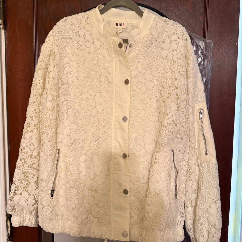 BiBi Women's White Lace Bomber Jacket
